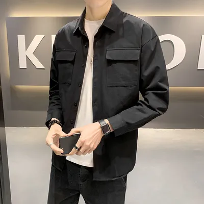 Solid Color Fashion Men's Long-sleeved Loose Two-pocket Shirt