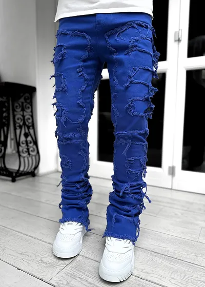 Ins Fringes Ripped Trousers Individual Patched Pants Long Tight Fit Stacked Jeans For Mens Clothing