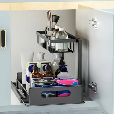 2 Tier Under Sink Organizers Pull Out Under Cabinet Basket Storage Shelf Sliding Drawer For Kitchen Bathroom