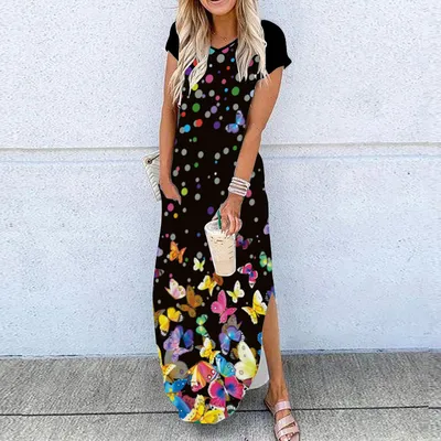 Summer Hem Slit Print Dress European And American Style