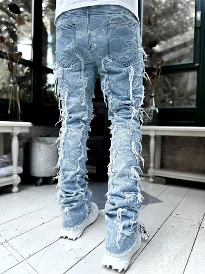 Ins Fringes Ripped Trousers Individual Patched Pants Long Tight Fit Stacked Jeans For Mens Clothing