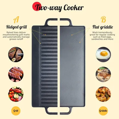 Griddle Plate Cast Iron Reversible BBQ Skillet Fry Pan Grill Double Sided