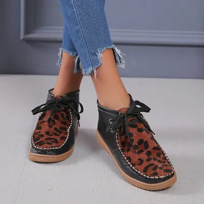 Flat round toe leopard print women's short boots