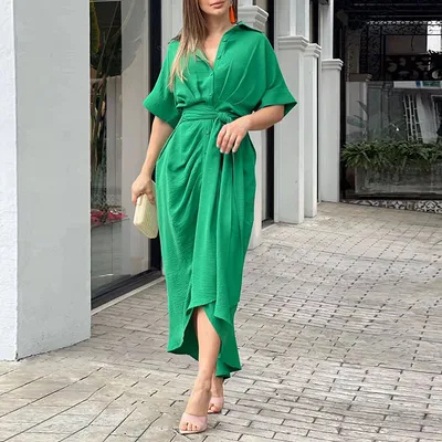 Women's Lapel Mid Length Short Sleeve Single Breasted Dress