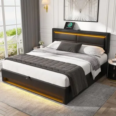 Upholstered Bed 150 X 200 Cm, King Size Bed-5ft,with USB Port Supports Wireless And Wired Charging, With LED Lighting And Storage Space, Without Mattress, PU Lychee Pattern, Black