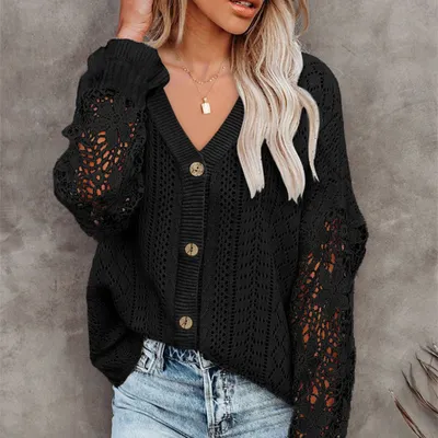 Amazon Cross-border Casual Pure Color All-matching Cardigan Hollow Lace Long Sleeve V-neck Sweater Top Women