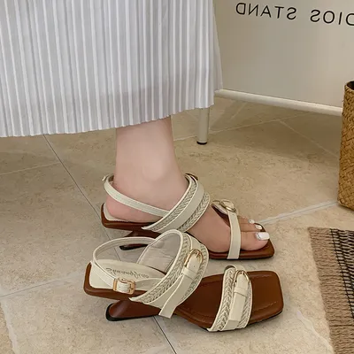 Women's French Retro Open Toe Sandals, Niche Designer Straw Woven Genuine Leather Comfy Outdoor Summer Shoes For Vacation