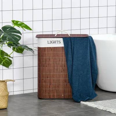 Bamboo Laundry Basket With Lid And String Handles, Collapsible Laundry Hamper With 2 Removable Bags