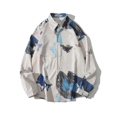 Vintage Design Hong Kong Style Print Draped Oil Painting Shirt
