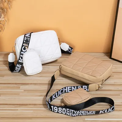 2Pcs Rhombus Shoulder Bag With Wallet Letter Print Wide Shoulder Strap