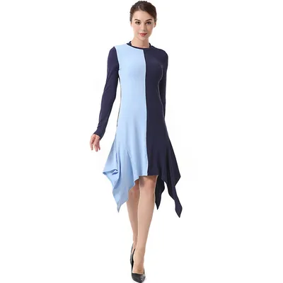 Round Neck Color Block Long Sleeve Irregular Dress