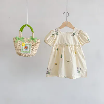 Thin Cotton Embroidery Puff Short Sleeve Baby Bodysuit Jumpsuit