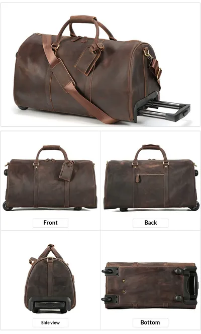 New Crazy Horse Leather Trolley Travel Bag, Retro Genuine Leather Travel Bag, Large Capacity Business Travel Luggage