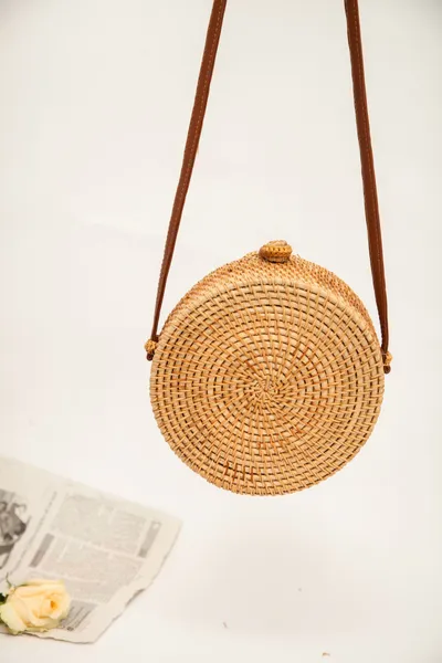 Natural PU small round straw bag