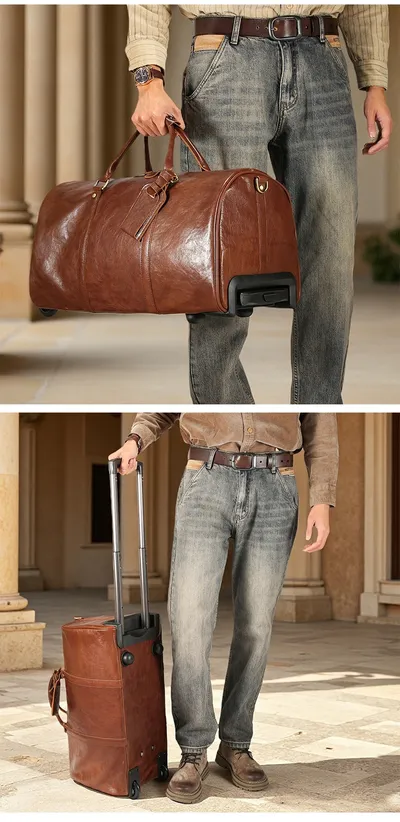 New Crazy Horse Leather Trolley Travel Bag, Retro Genuine Leather Travel Bag, Large Capacity Business Travel Luggage