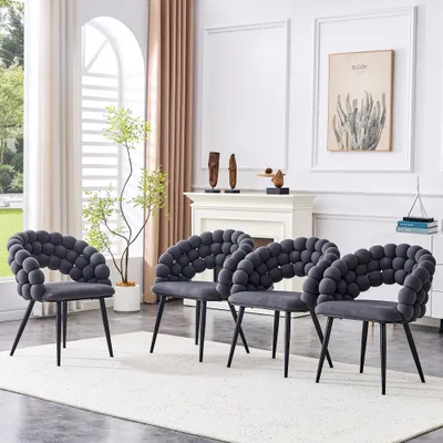 Set Of 2 Gray Puffy Bubble Chair Ball Chain Chair Velvet Dining Chairs With Black Legs, Modern Accent Chairs For Dining Room & Kitchen