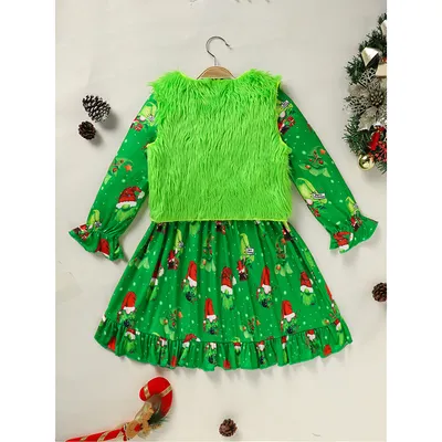 Toddler Kids Baby Girl Christmas Dress Outifts, Long Sleeves Cartoon Prints Party Dress With Heart Print Vest Coat Xmas Clothes Set