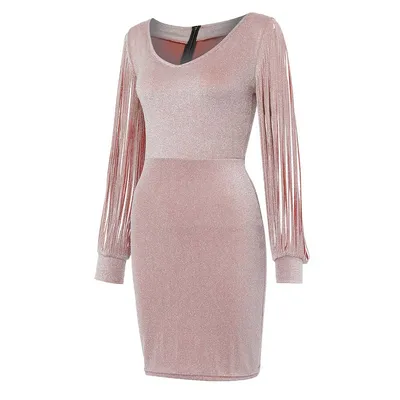 V-neck sequined fringed long sleeve dress