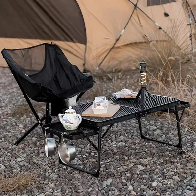 Portable Camping Table Folding Storage Outdoor Desk Mesh Top Height Extendable
