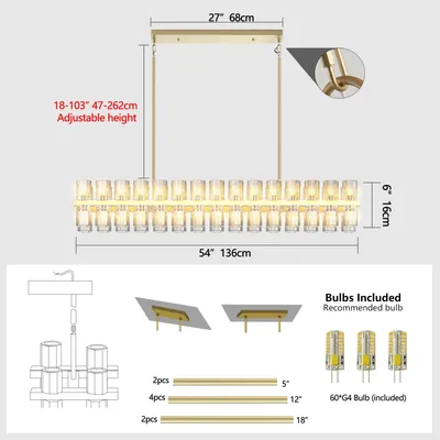 Crystal Brass Rectangle Chandeliers For Dining Room, 54in Gold Farmhouse Chandeliers For Dining Room, Modern Rectangle Crystal Chandelier For Kitchen Island Living Room, Includes 60XG4 Bulbs