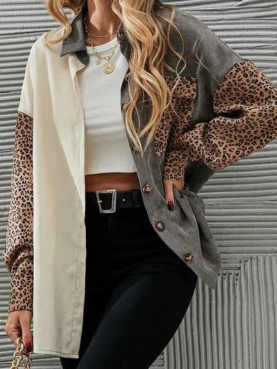 Gray Color Block Leopard Patch Corduroy Pullover