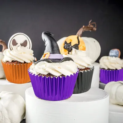 300 Pcs Halloween Foil Cupcake Liners Black Purple Orange Foil Metallic Cupcake Wrappers Muffin Liners For Halloween Party Supplies Table Decor