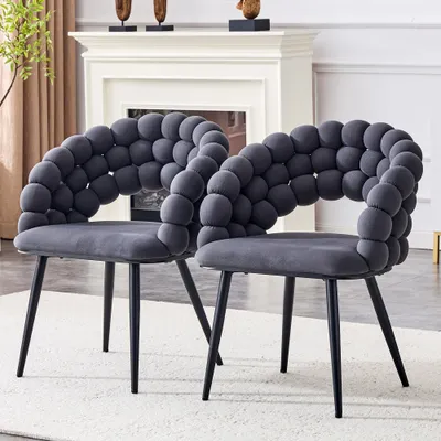 Set Of 2 Gray Puffy Bubble Chair Ball Chain Chair Velvet Dining Chairs With Black Legs, Modern Accent Chairs For Dining Room & Kitchen
