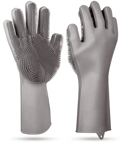 1 Pair Silicone Brush Dishwashing Gloves Cleaning Sponge Pet Scrubber Heat Resistant Wash Gloves