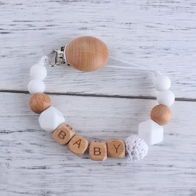 Wood Silicone Beads Pacifier Clip for Baby