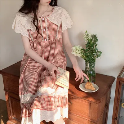 Lace Sweet Lace Princess Plaid Outerwear Nightdress For Women