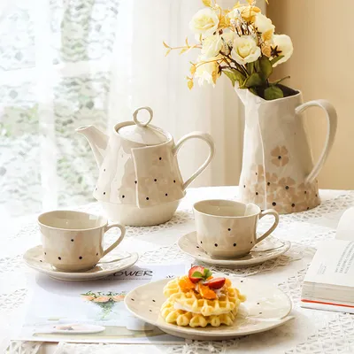 Ins Retro Korean Style Underglaze Color Hand Pinch Irregular Coffee Set Household Restaurant Afternoon Tea Cup Pot Suit