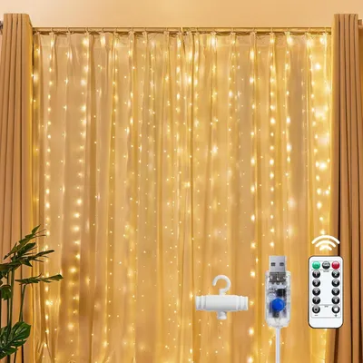 300 مصباح LED ستائري أبيض دافئ، سلسلة إضاءة تعمل بمنفذ USB، 8 أوضاع إضاءة، زينة عيد الميلاد، أضواء معلقة