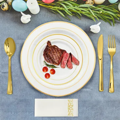 Set Of 175Pcs Disposable Gold Dinnerware Set Gold Rim Plastic Plates Cups Fork Spoon Knife Paper Napkins For Party Wedding Graduation