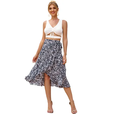 Retro Holiday Irregular Floral Wave Side Lace-Up Skirt