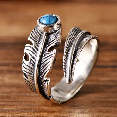 925 Sterling Silver Vintage Inlaid Artificial Turquoise Leaf Couple Silver Ring