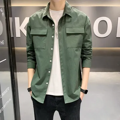 Solid Color Fashion Men's Long-sleeved Loose Two-pocket Shirt