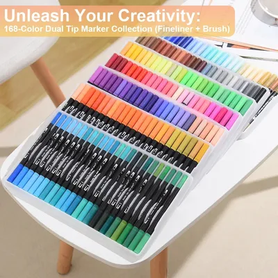 168 Colors Dual Tip Brush Markers Set Black Barrel Watercolour Pens For Colouring Drawing Sketching Calligraphy Art Supplies With Carry Case