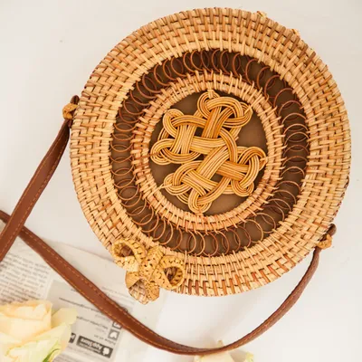 Natural PU small round straw bag