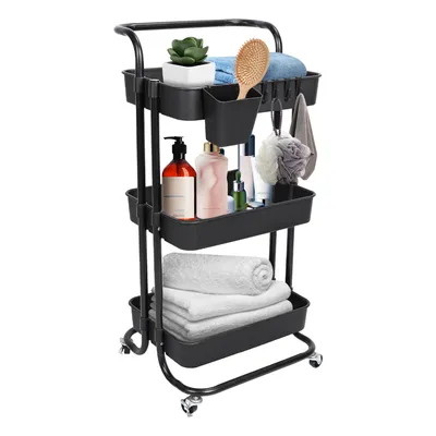 Black-White Color Options 1Pc 3 Tier Rolling Utility Cart Movable Storage Organizer With Mesh Baskets Lockable Wheels 360 Degree Rotatable Hanging Box Hooks Bedroom Bathroom Kitchen