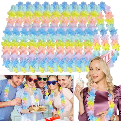 24 Birthday Party Flowers Lei Summer Colorful Tropical Flower Necklaces Lei Hawaii Luau Dance Party Favors Decoration Bulk For Holiday Birthday Beach Pool Party Supplies