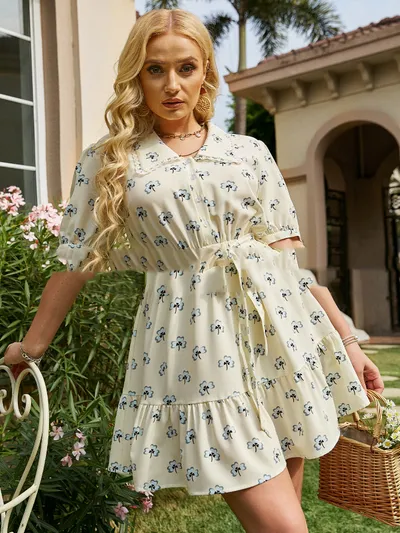 Printed Long-sleeved Short Skirt Temperament Commuter Slim Chiffon Yellow High Waist Pullover Dress