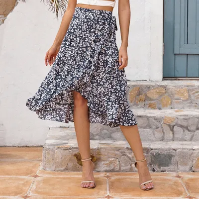 Retro Holiday Irregular Floral Wave Side Lace-Up Skirt