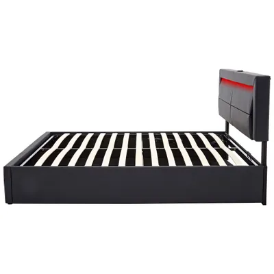 Upholstered Bed 150 X 200 Cm, King Size Bed-5ft,with USB Port Supports Wireless And Wired Charging, With LED Lighting And Storage Space, Without Mattress, PU Lychee Pattern, Black