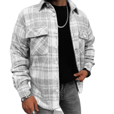 Men's Long-sleeved Shirt Lapel Double Pocket Flap Check