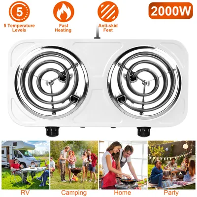 2 Color Options -- 1Pc 2000W Electric Double Burner For Spring Season Cooking Portable Coil Heating Hot Plate Stove Countertop RV Hotplate With Non Slip Rubber Feet 5 Temperature Adjustments