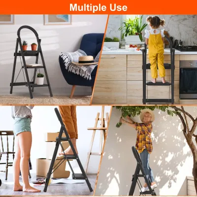 3-Step Folding Ladder, 330lbs Load Capacity, Lightweight 6.94lbs With 1.57in Folding Width,