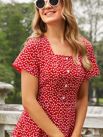 Square Collar Small Floral Dress Women