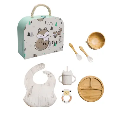 Baby's Complementary Food Tableware Silicone Bib Dinner Plate Straw Cup Fork Spoon Set