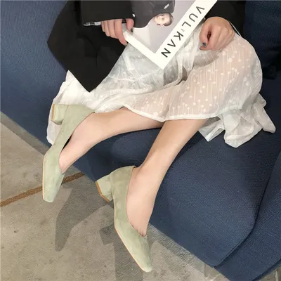 Square Toe Chunky Heel Suede Single Shoes Versatile Mid-heel Shoes