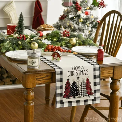 Christmas Trees Merry Xmas Table Runner, Seasonal Winter Holiday Kitchen Dining Table Decoration